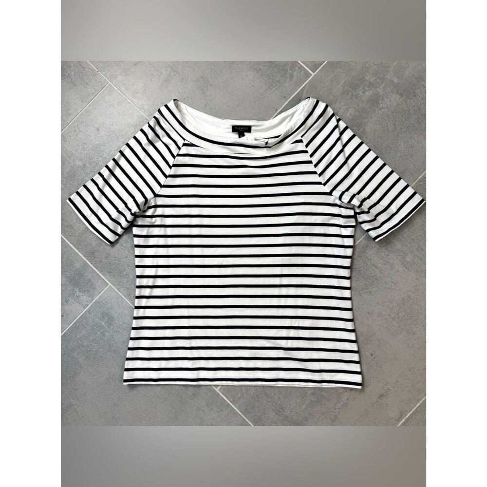 Talbots Black and White Striped Boatneck Short Sleeve Top Petite medium nwt